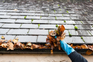 Person Wearing Gloves Cleaning Out Gutters Full of Leaves - K-Guard Rocky Mountains