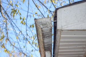 Gutter Pulling away from fascia. You can see daylight between the back of the gutter and the fascia/house. Weight of ice or snow pulled gutter away. Gutter Inspection: what to look for