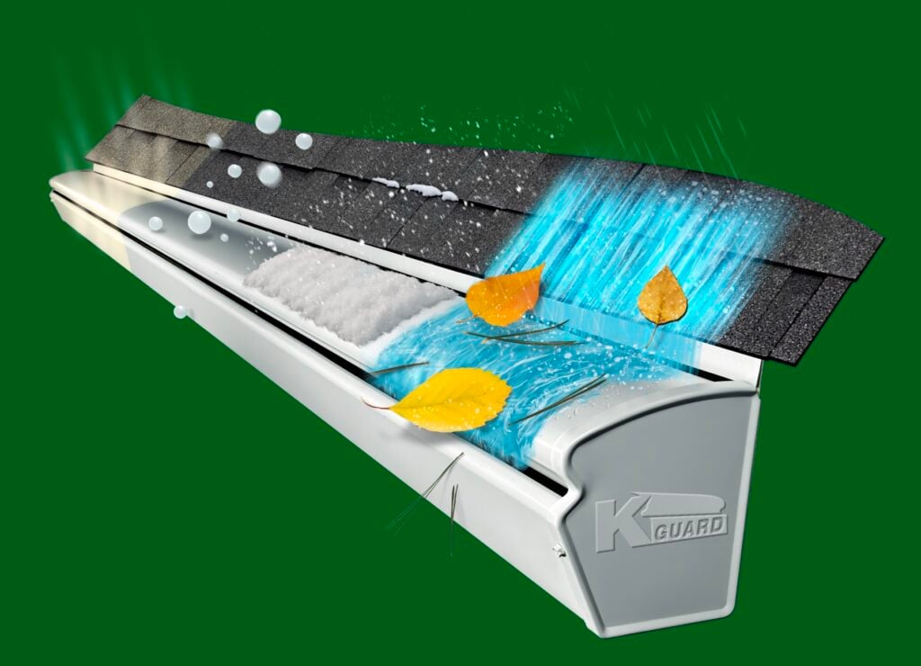 profile view of k-guard gutter with sections representing different seasonal weather on the gutter. Gutter guards in snow and ice. Gutter guards in heat and high UV/sun exposure. Gutter Guards and water capacity