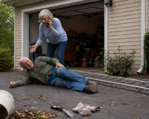 Elderly man lying on ground, grey hair, green long sleeve button down shirt, jeans and work boots. He is on his right side, holding his left leg. It appears that he has fallen from a ladder, while trying to clean out his gutters. And elderly woman stands, crouching behind him, talking on a cell phone. She is has short grey hair and is wearing a long sleeve blue shirt and jeans. She is holding one hand out toward the man and it appears that she is calling 911. The ladder is laying on the ground behind the couple. Work gloves, bucket, pile of leaves and a trowel are laying on the ground in front of the man. Cost of Climbing a Ladder. Ladder fall injuries.