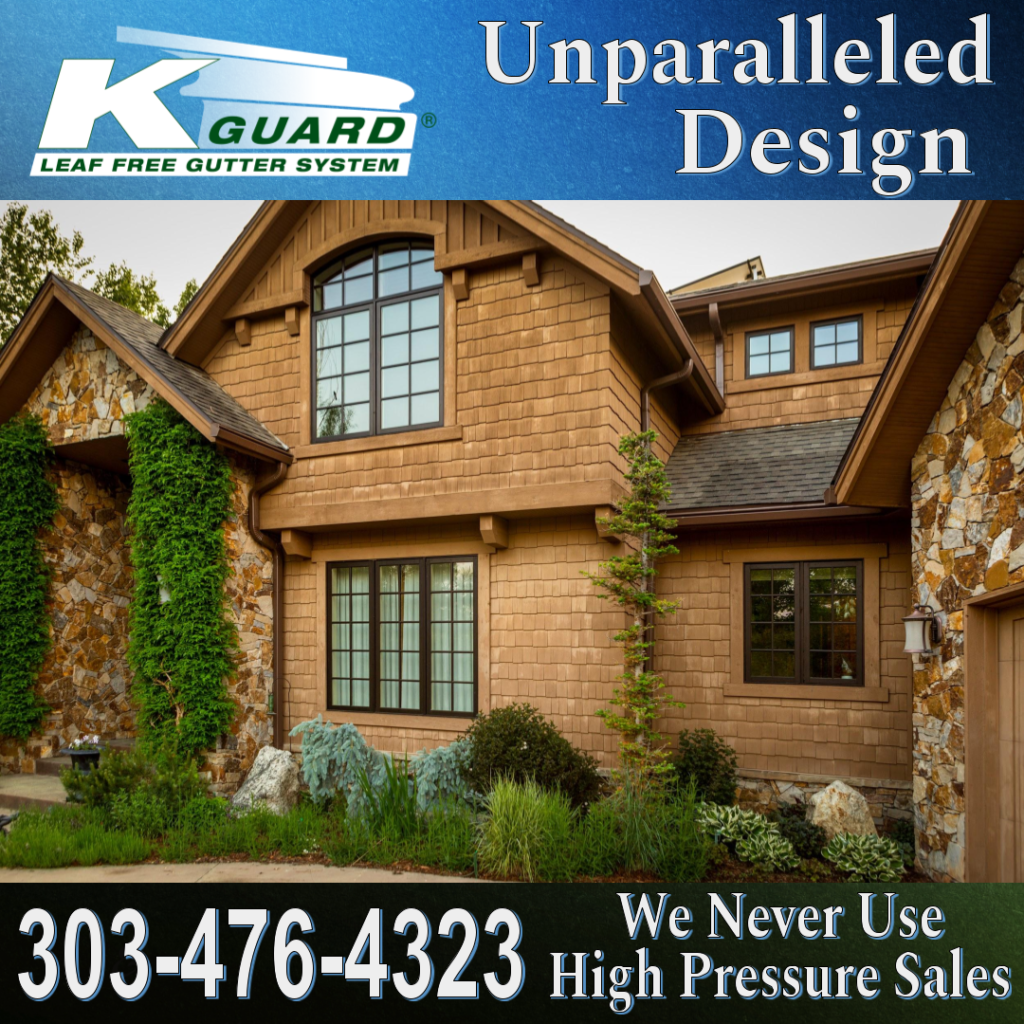 KGuard installation on brown stone house with greenery out front. Logo on top left corner. Statements: "Unparalleled Design" at the top right corner and "We never use high pressure sales" at the bottom right corner. Phone number, 303-476-4323 is at the bottom left corner.