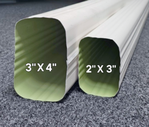 Downspout Sizes. 2x3 vs. 3x4 inch downspouts. Standard downspout is 2x3". Larger downspout is 3x4". Larger downspouts are advised in Colorado. Larger Downspouts handle more water flow, create flushing action and are less likely to freeze. frozen downspouts cause gutters to back up.