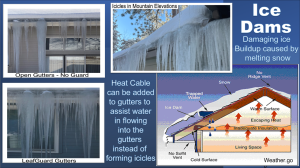 Infographic showing why icicles form and photos of different homes with different types of gutter systems, all with large icicles. Open gutter with icicles. LeafGuard with Icicles. Ice Dam info