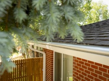 Brick house with black roof and white KGuard gutters. Evergreen tree. Pine tree hangs over house/roofline.