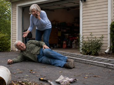 Elderly man lying on ground, grey hair, green long sleeve button down shirt, jeans and work boots. He is on his right side, holding his left leg. It appears that he has fallen from a ladder, while trying to clean out his gutters. And elderly woman stands, crouching behind him, talking on a cell phone. She is has short grey hair and is wearing a long sleeve blue shirt and jeans. She is holding one hand out toward the man and it appears that she is calling 911. The ladder is laying on the ground behind the couple. Work gloves, bucket, pile of leaves and a trowel are laying on the ground in front of the man. Cost of Climbing a Ladder. Ladder fall injuries.