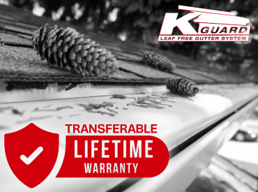 Black and white photo of KGuard gutter system installed on home. Up close image shows pine cones and pine needles on the hood. Red badge in bottom left corner states "Transferable Lifetime Warrant". KGuard logo in top right corner.