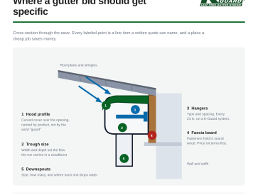 Diagram of a gutter installation showing hood, trough size, hanger spacing, fascia board, and downspout on a Colorado Springs home